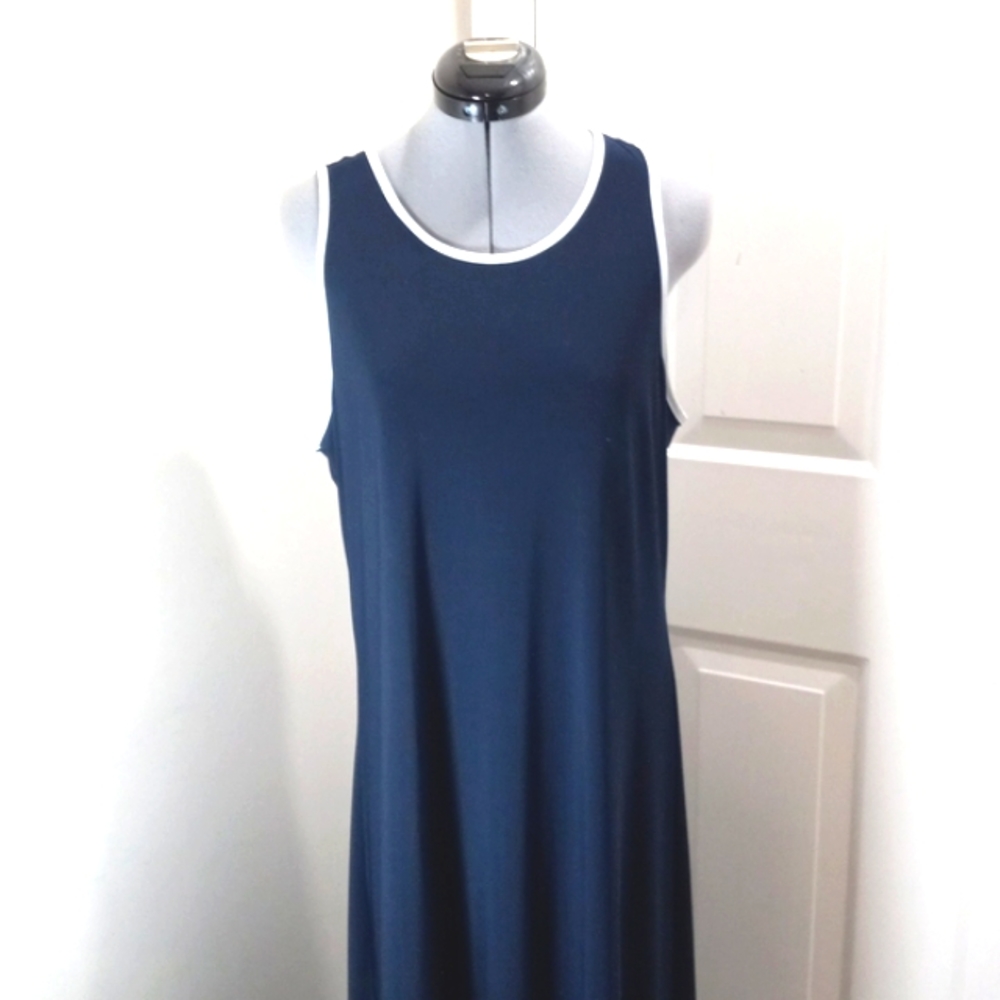 Roz&Ali Sz L Navy High/Low Midi Dress W/ white trim